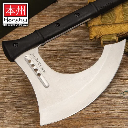 Vista 5 de HONSHU Karito - Hacha de batalla con funda de cuero, hoja de acero inoxidable 7Cr13, mango de nailon moldeado por inyección resistente a