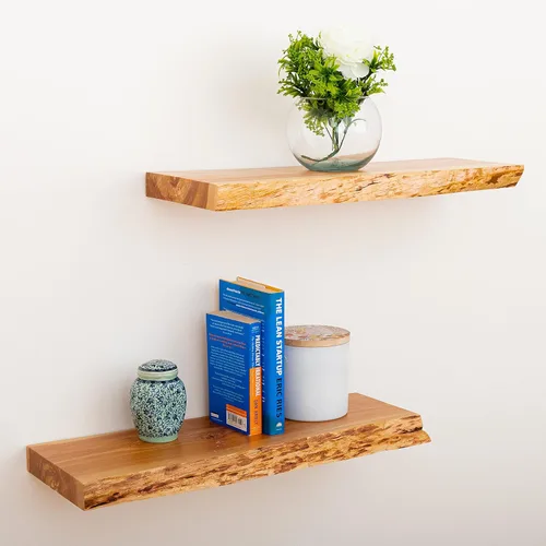Vista 8 de VINTAYARD Estantes flotantes de madera rústica, estante de madera con borde vivo para decoración de pared de granja, juego de 2 estantes