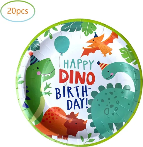 Vista 3 de Suministros de fiesta de cumpleaños de dinosaurios en acuarela, 20 platos y 20 servilletas, para decoración de fiesta de cumpleaños temática