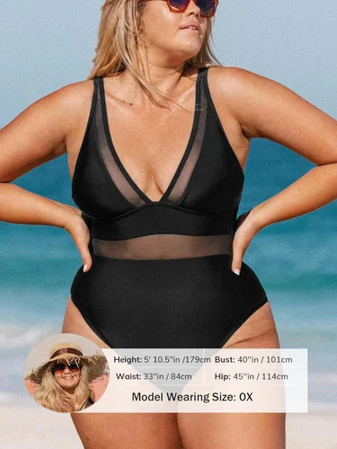 Vista 4 de CUPSHE Traje de baño de una pieza para mujer, talla grande, cuello en V, malla transparente, control de abdomen, con correas anchas ajustables