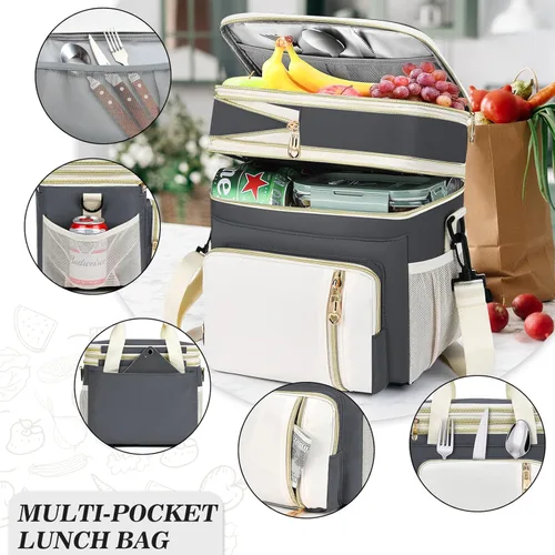 Vista 2 de BAGNN Lonchera para mujereshombres, bolsa de almuerzo aislada, bolsa enfriadora doble expandible, lonchera reutilizable para adultos con correa