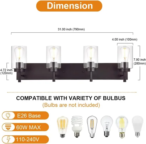 Vista 4 de VINLUZ 4 luces de tocador de baño, apliques de bronce aceitado, iluminación de pared, lámpara industrial para montaje en pared, estilo granja