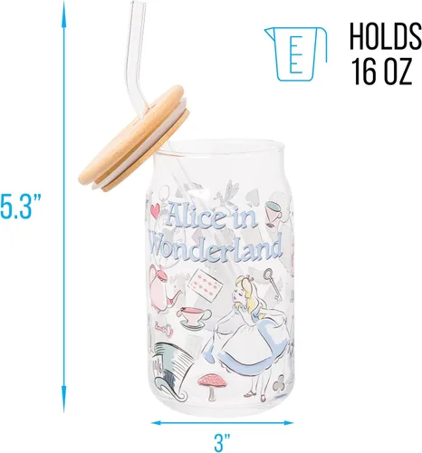 Vista 2 de Silver Buffalo Disney Alice in Wonderland Tarro de vidrio con tapa de bambú y pajita de vidrio, 16 onzas