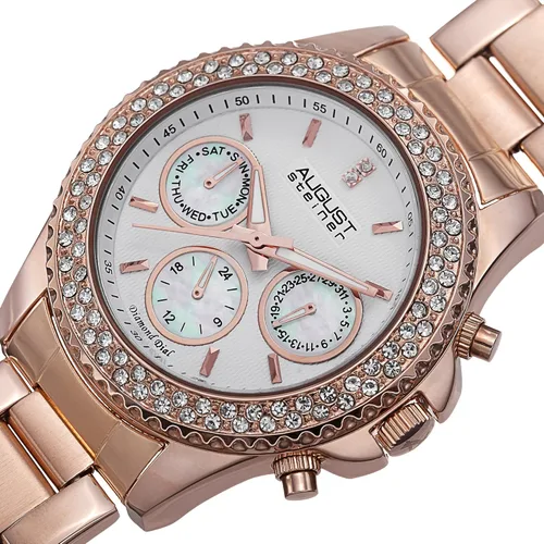 Vista 2 de August Steiner AS8100 - Reloj multifunción de cuarzo suizo para mujer, 3 subesferas en diamante y bisel relleno de cristal
