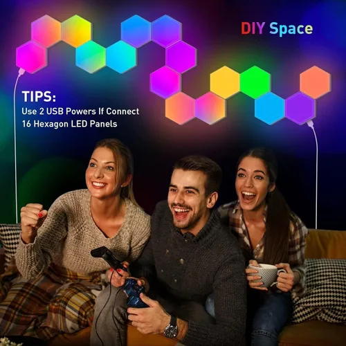 Vista 7 de NIUCOO Paneles de pared con luces LED hexagonales, luces RGB inteligentes para juegos con aplicación y sincronización de música, azulejos