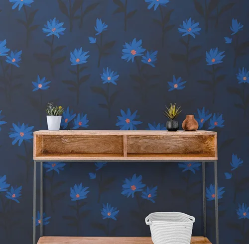 Vista 3 de Dark Navy Blue Color Flower Wall Mural Pattern. Nursery Room, Living Room, Bedroom, Bathroom, Kitchen, Dinning Room Peel and Stick Wallpaper. #6451