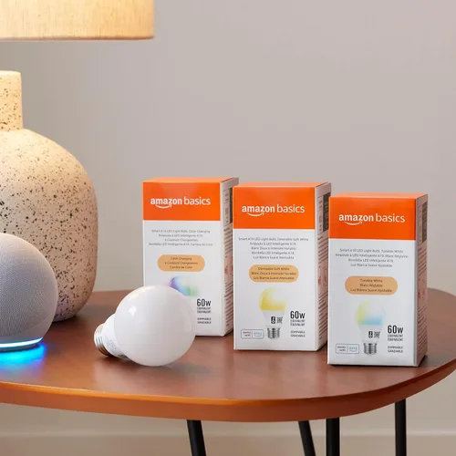 Vista 7 de Bombilla LED inteligente A19 Amazon Basics, cambio de color, 9 W (equivalente a 60 W), 800 lm, funciona solo con Alexa, Wi-Fi de 2,4 GHz,