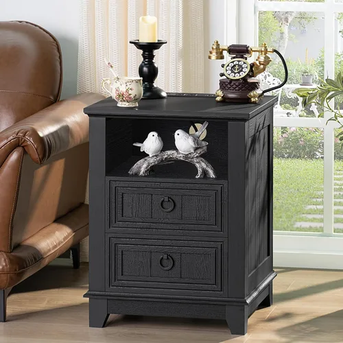 Vista 5 de Joaxswe Mesita de noche estilo granja de 18" con estación de carga, cómoda con mesa auxiliar de 2 cajones para dormitorio, mesita de noche de madera