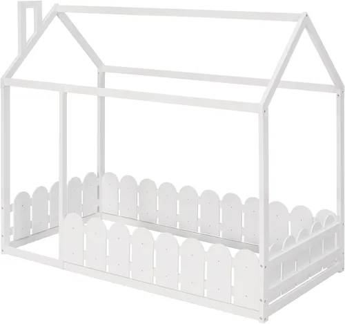 Vista 8 de Bellemave Camas de casa para niños, cama de piso individual con valla de madera, marco de cama de cabaña que se puede decorar para niños, Blanco