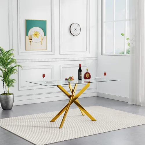 Vista 4 de SSLine Moderno juego de mesa de comedor de cristal dorado de 5 piezas para 4 mesas de cocina y sillas rectangulares de lujo de vidrio para 4, mesa
