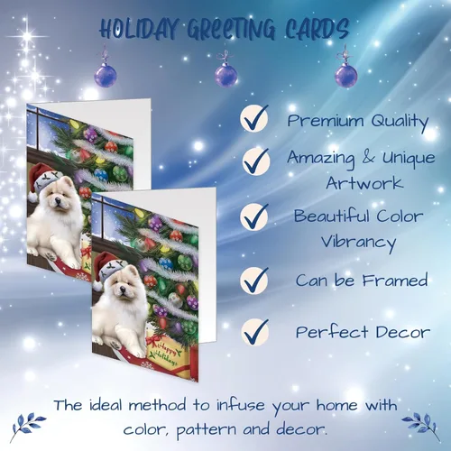 Vista 3 de Dogs With Tree And Present Chow Chow Dog Greeting Cards - Adorable Pets Invitation Cards with Envelopes - Pet Artwork Christmas Greeting Cards