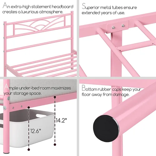 Vista 5 de Yaheetech Base de cama de tamaño individual con plataforma de metal con cabecera, estribo, amplio almacenamiento debajo de la cama, no necesita