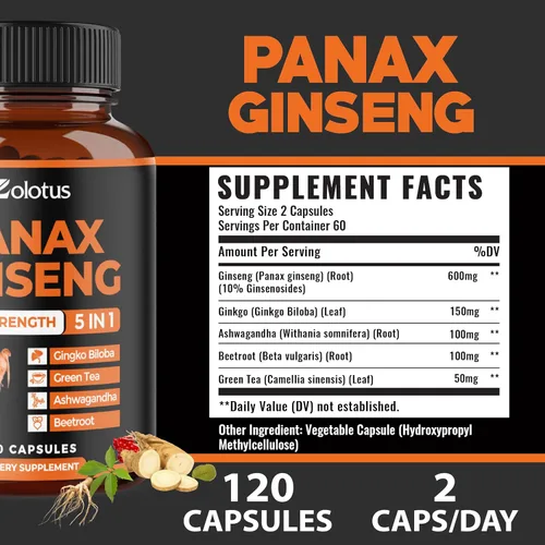 Vista 4 de Zolotus Panax Ginseng rojo coreano + ginkgo biloba, ashwagandha, remolacha, té verde - 120 cápsulas para suministro de 2 meses