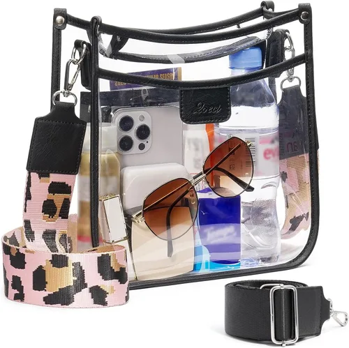 Vista 7 de Bolsa transparente grande de 3 bolsillos para eventos de estadio con 2 correas largas para mujer, bolsa cruzada para conciertos, aprobado