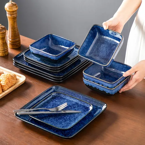 Vista 7 de vancasso Stern Blue Juego de Cena Cuadrado Vajilla de Esmalte Reactivo 12 Piezas Vajilla de Cocina Juego de Loza de Gres con Plato de Cena, Plato
