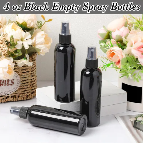 Vista 6 de Kigley 100 botellas pequeñas de spray a granel de 4 onzas de plástico vacías de niebla para aceites esenciales, rociador de niebla fina, Negro