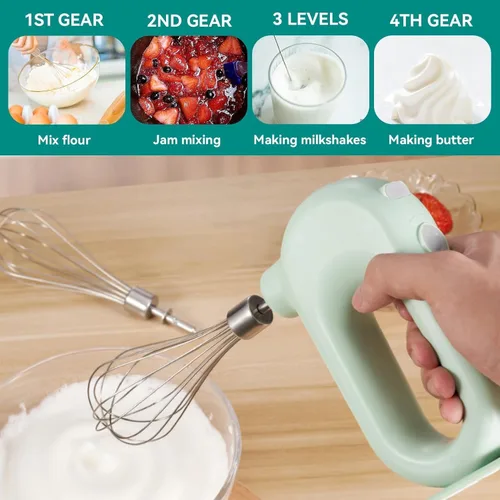 Vista 3 de 4 Speed Electric Hand Mixer, Electric Hand Mixer Whisk Wireless Rechargeable Handheld Egg Beater Adjustable Cordless Electric Whisk Hand Mixer Green