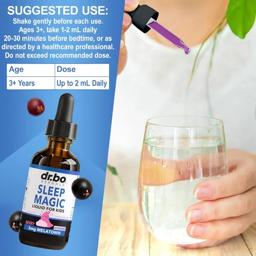 Vista 7 de Liquid Melatonin Kids Sleep Aid - Sleep Magic Kids Melatonin Liquid 3mg Berry Drops, D3, L Theanine - Children's Sleeping Aids, Natural Calm