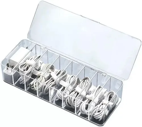 Vista 3 de Caja organizadora de cables con tapa, 10.2 x 3.5 x 2.2 pulgadas, organizador de cables de escritorio con compartimentos (1)