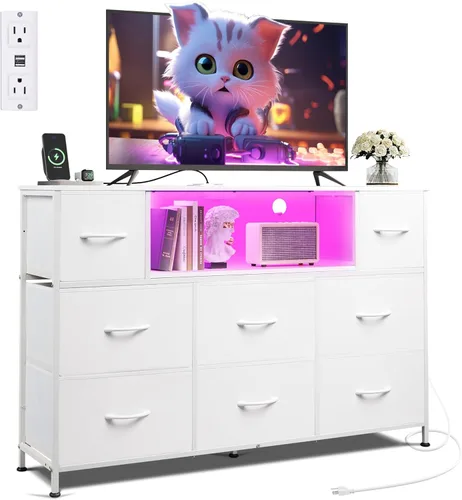 Vista 18 de WLIVE - Soporte de TV con cómoda en negro para TV de 45, 50, 55 pulgadas, centro de entretenimiento con luces LED y estación de carga, cómoda con 8