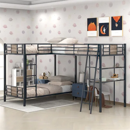 Vista 26 de Bellemave Literas triples, literas en forma de L de tamaño individual sobre cama matrimonial adjunta a una cama alta con escritorio, literas triples