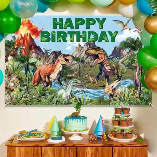 Vista 3 de Decoración de cumpleaños de dinosaurio, pancarta de feliz cumpleaños de dinosaurio, suministros de fiesta temática de dinosaurios para niños, 6 x