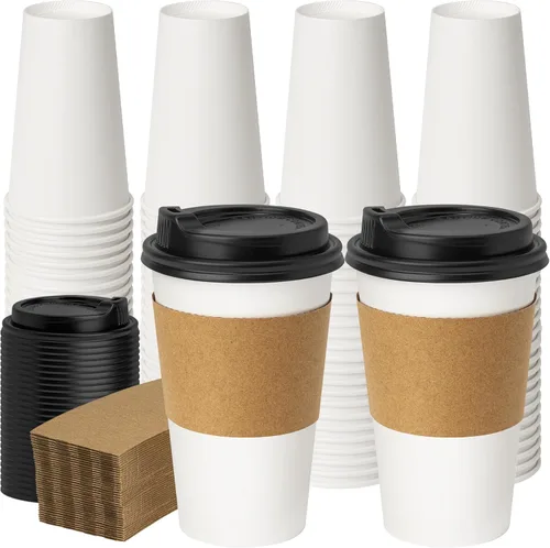 Vista 9 de YEEHAW Tazas de café de 16 onzas con tapas, paquete de 100, tazas de papel desechables azules con tapas, taza para llevar con tapa