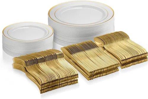 Vista 9 de Juego de vajilla plateada de 125 piezas, 50 platos de plástico con borde plateado, 25 platos de cena, 25 platos de postre, 25 cuchillos, 25