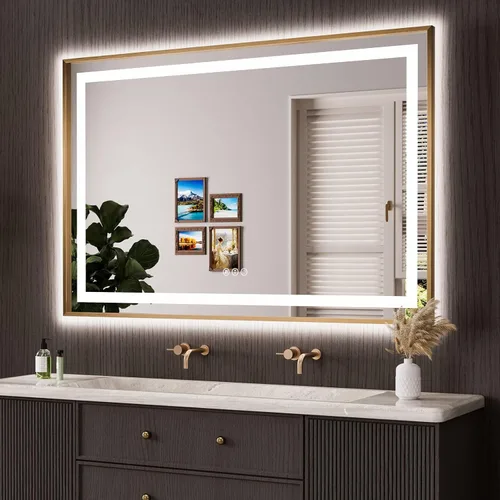 Vista 46 de Amorho Espejo de baño LED de 20 x 28 pulgadas con marco negro, luz frontal y retroiluminación, regulable continuamente, antivaho, a prueba