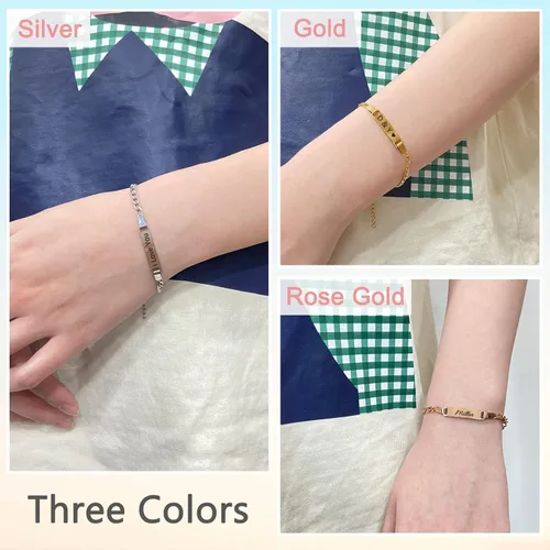 Vista 5 de JUBOPE Pulseras de identificación personalizadas, chapado en oro de 18 quilates con grabado de piedra natal, regalo personalizado de cumpleaños