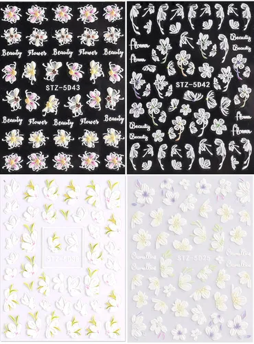 Vista 8 de Calcomanías de arte de uñas de flores de primavera en relieve 3D, 4 hojas 5D, pegatinas autoadhesivas para uñas, flores de cerezo rosa, suministros