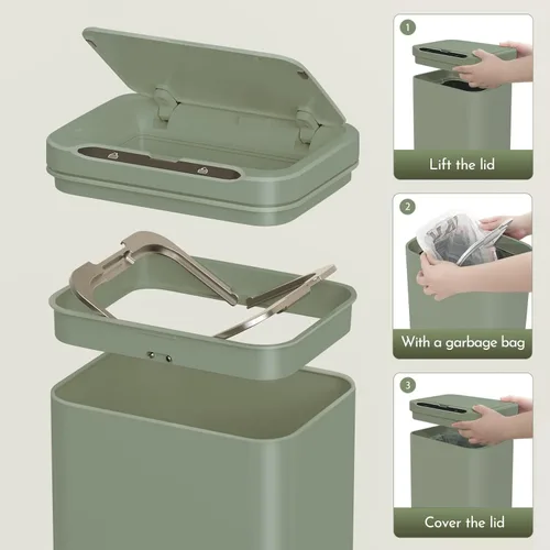 Vista 7 de ELPHECO Basurero de acero inoxidable para oficina, con sensor de movimiento, sin contacto, cubo de basura inteligente automático para cocina, Verde