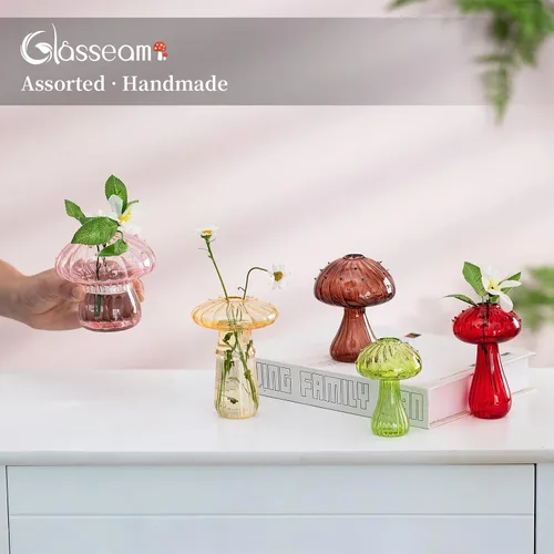 Vista 6 de Glasseam Macetero de Vidrio con Forma de Hongo, Juego de 5 Estaciones de Propagación de Plantas de Colores, Mini Terrario para Plantas, Jarrón