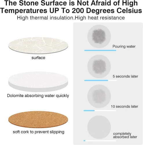 Vista 7 de Juego de 2 posavasos de mesa absorbentes de cerámica, resistentes al calor, con base de corcho, diseño de hojas para proteger los muebles