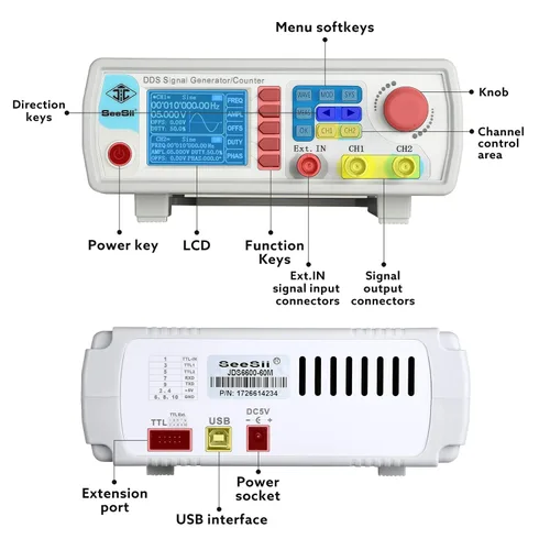 Vista 6 de Generador de Señal DDS Profesional Mejorado, Contador Seesii 60MHz con Pantalla LCD de Alta Precisión, Generador de Función de Forma de Onda