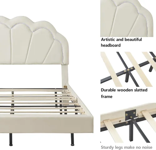 Vista 5 de Cama de plataforma LED tapizada de terciopelo de tamaño matrimonial con otomana de almacenamiento, juegos de dormitorio de 2 piezas, elegante cama