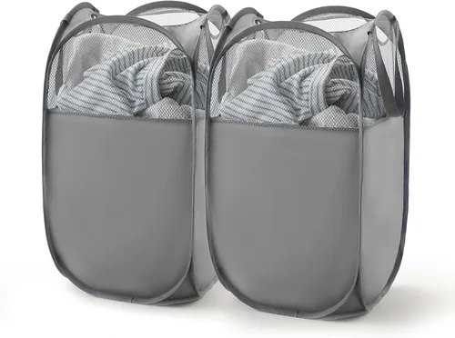 Vista 18 de TECHMILLY Cesta plegable de malla para la ropa sucia con asas resistentes y bolsillo lateral, cestas plegables portátiles para ropa para dormitorio