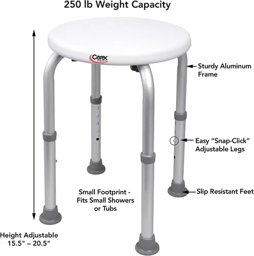 Vista 3 de Carex Taburete de ducha compacto, taburete de baño de altura ajustable y asiento de ducha, asiento de baño de aluminio que soporta 250 libras