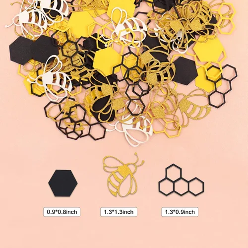 Vista 6 de 100 unidades de confeti de abejas de abejas círculos de panal hexagonal amarillo negro papel confeti para abejas tema abejas decoración de mesa