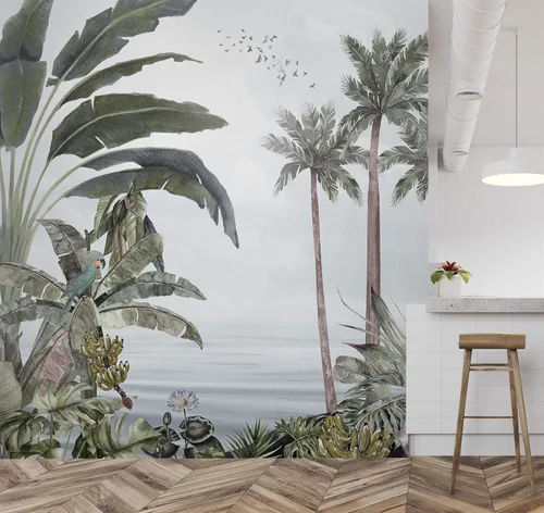 Vista 2 de Murwall Papel tapiz tropical de bosque tropical, papel tapiz de hoja de plátano, mural de pared de palmera exótica, sala de estar, dormitorio