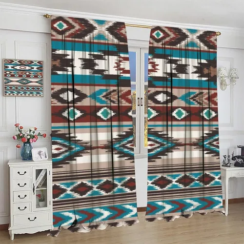 Vista 382 de Cortinas con patrón geométrico tribal, estilo suroeste, azteca, rústico, occidental, nativo americano, opacas, con bolsillo para barra, decoración