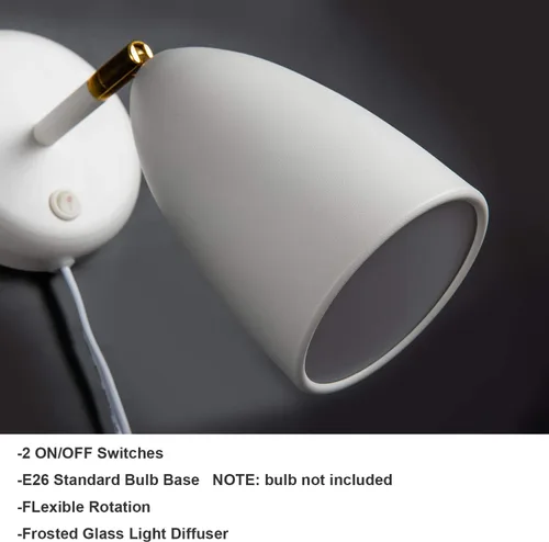 Vista 3 de Juego de 2 apliques de pared blancos con acabado giratorio de simplicidad para dormitorio, sala de estar, enchufe o cable duro E-Blanco-2 Pack