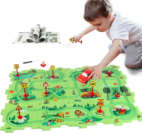 Vista 11 de Juego de Pista de Rompecabezas de Coches con 12 Figuras de Dinosaurios, Rompecabezas de Suelo de Vagón de Plástico para Niños de 3-5 Años