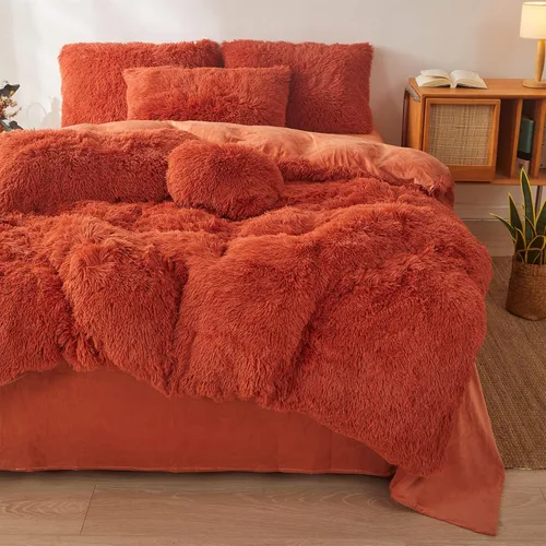 Vista 5 de Juego de edredón lanudo de piel sintética, tamaño Queen, 3 piezas (1 edredón + 2 fundas de almohada), acolchado, esponjoso naranja oscuro