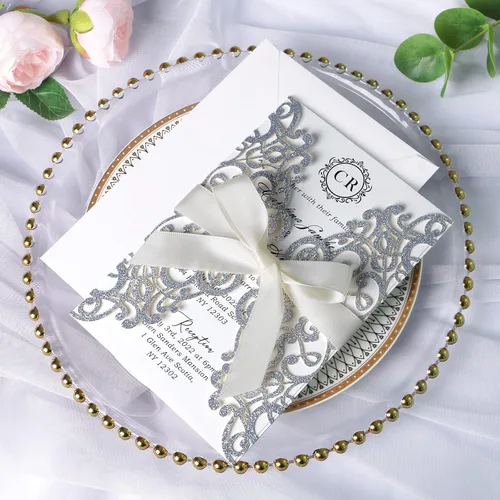 Vista 35 de ponatia 25 tarjetas de invitaciones de boda de 5.12 x 7.1 pulgadas con purpurina plateada cortadas con láser con sobres para tarjetas de invitación