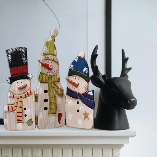 Vista 8 de E-view Decoraciones navideñas de madera con diseño de muñeco de nieve, decoración del hogar, plegable de madera, triple muñecos de nieve, adornos