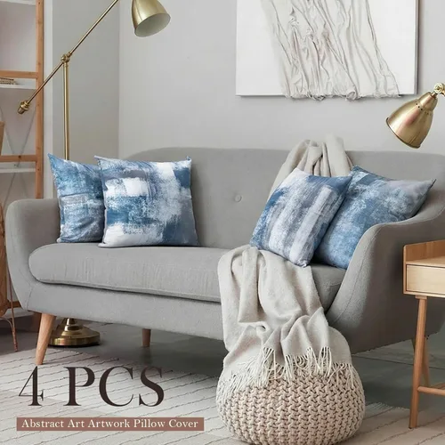 Vista 4 de Juego de 4 fundas de almohada de arte abstracto azul y gris de 18 x 18 pulgadas, fundas de cojín decorativas modernas para dormitorio, sofá y sala