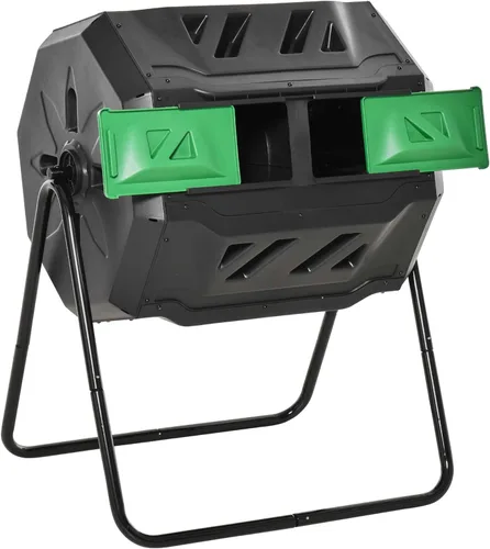 Vista 9 de Contenedor de compostaje para exteriores, 43 galones de doble cámara con puertas correderas, vaso de compostaje grande, contenedor de abono