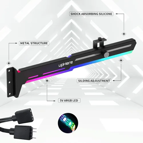 Vista 2 de upHere Soporte de tarjeta gráfica RGB direccionable de 5 V y 3 pines, soporte para tarjeta de vídeo, tira ARGB integrada de 5 V, soporte de longitud
