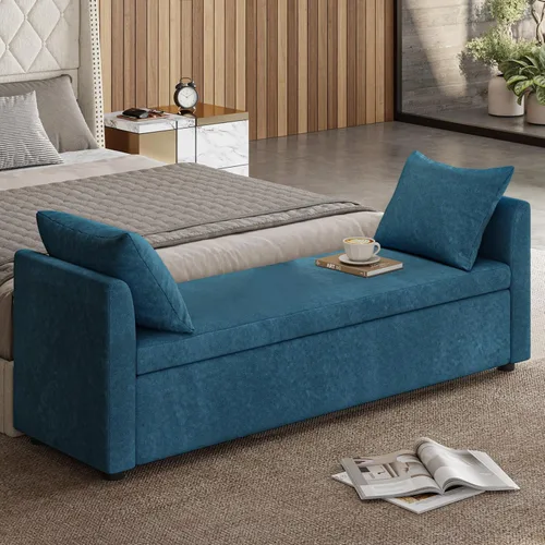 Vista 9 de Banco otomano moderno de almacenamiento de 59.5 pulgadas, banco de extremo de cama con almohadas y brazos, taburete reposapiés para sala de estar